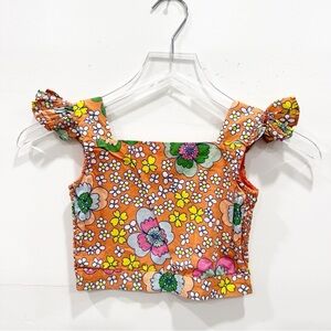 Stella McCartney Floral Cropped Blouse Top Cotton Smocked Back Orange Size 6